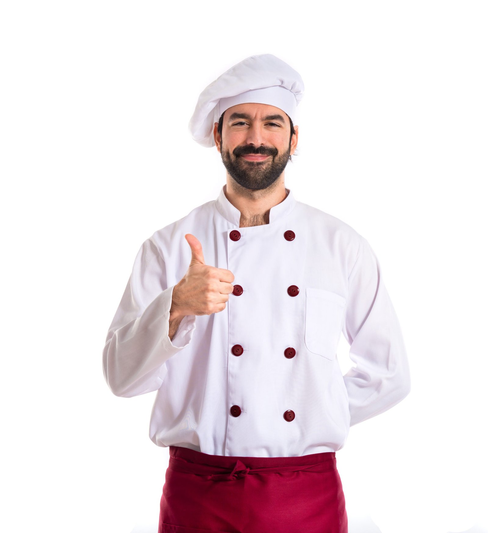 Head chef in whites and a burgundy apron